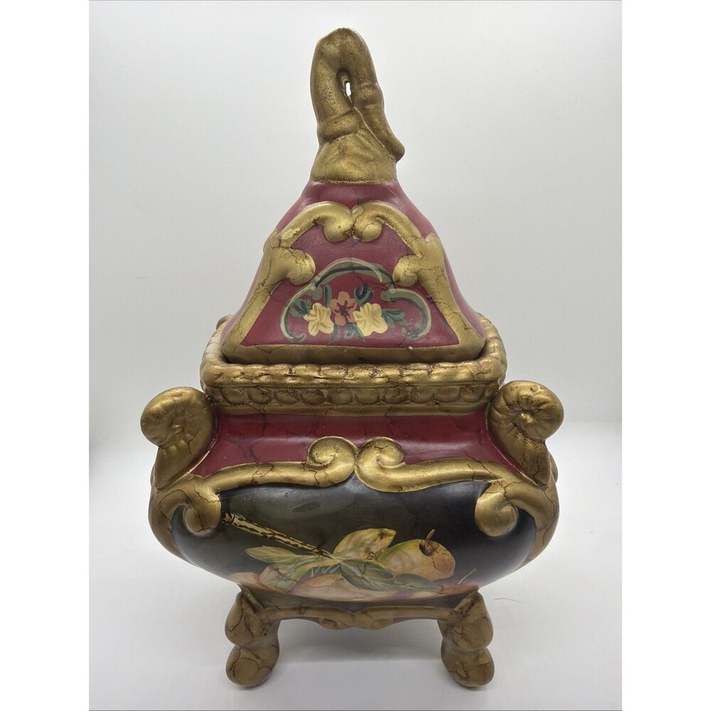 Raymond Waites Rare Vintage Ceramic Canister with Lid Ornate Gold footed W/fruit